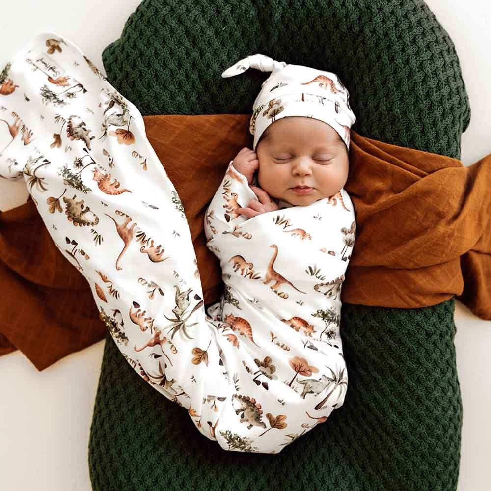 Dino Organic Baby Jersey Wrap &amp; Beanie Set