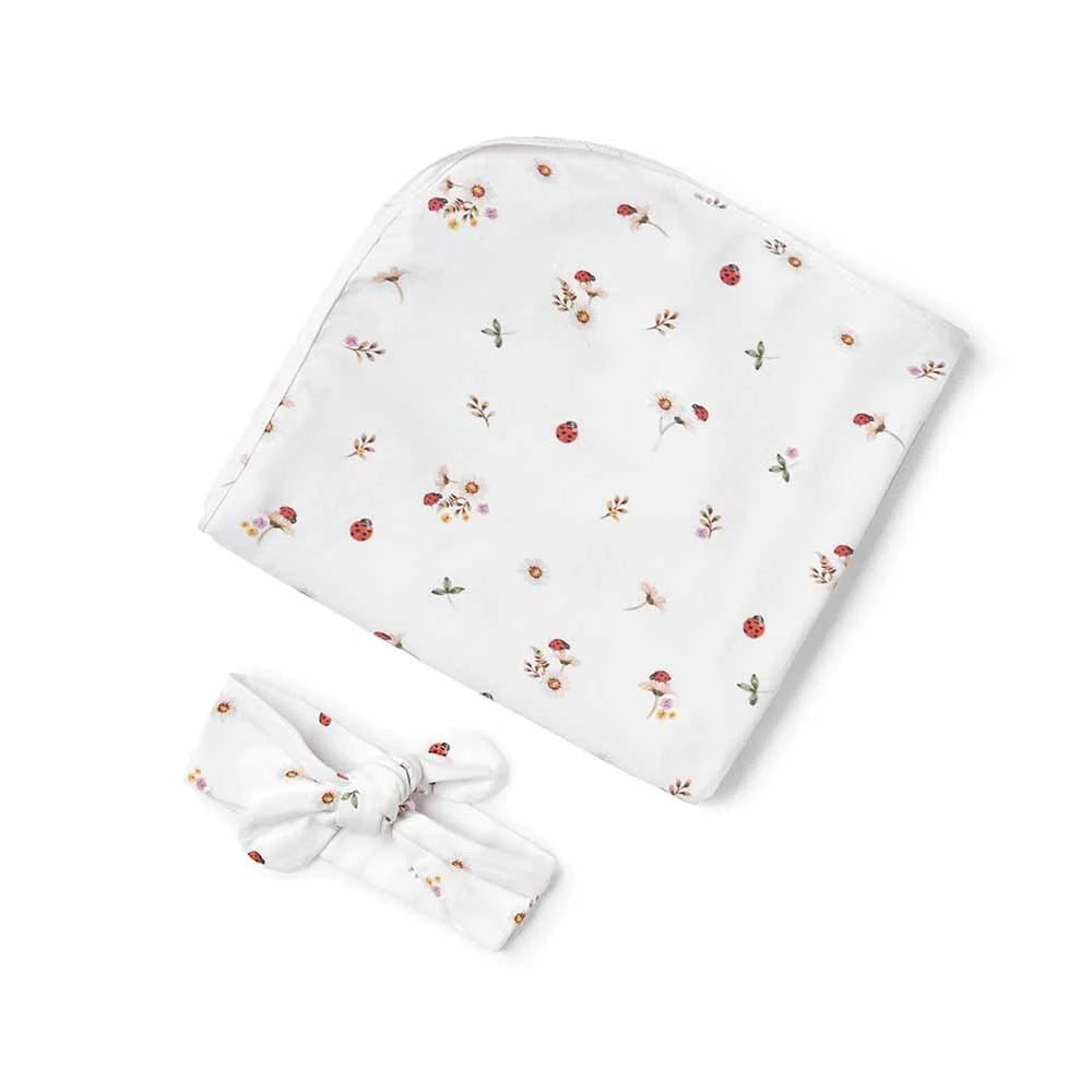 Ladybug Organic Baby Jersey Wrap &amp; Topknot Set