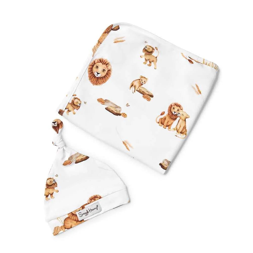 Lion Organic Baby Jersey Wrap &amp; Beanie Set