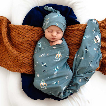 Rocket Organic Baby Jersey Wrap &amp; Beanie Set