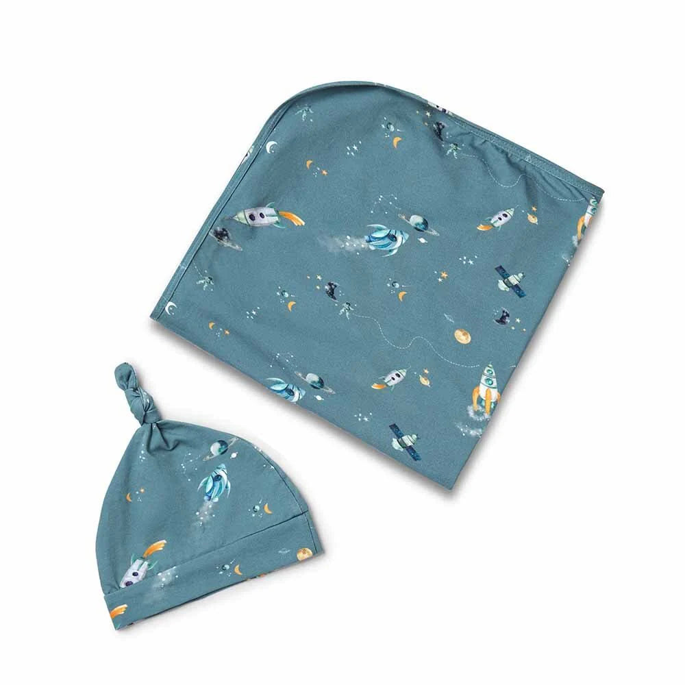 Rocket Organic Baby Jersey Wrap &amp; Beanie Set